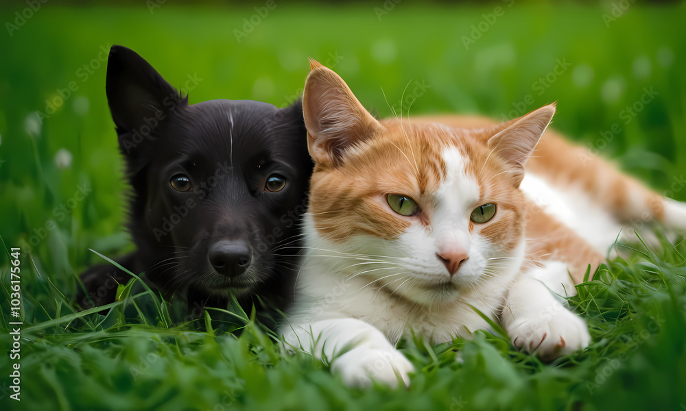 Fototapeta premium dog and orange cat Generated AI 