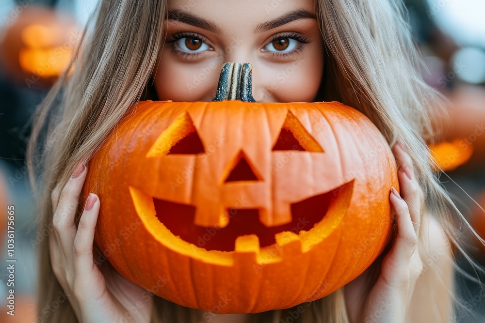Woman with piercing eyes holding a glowing jack o’ lantern close to her face evoking mystery and suspense in a moody Halloween scene with warm soft lighting Woman with piercing eyes holding a glowing jack o’ lantern close to her face evoking mystery and suspense in a moody Halloween scene with warm soft lighting