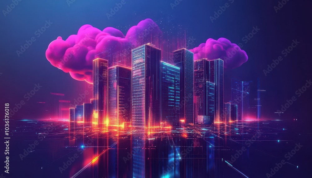 Futuristic city skyline illuminated by neon lights under glowing pink clouds Futuristic city skyline illuminated by neon lights under glowing pink clouds