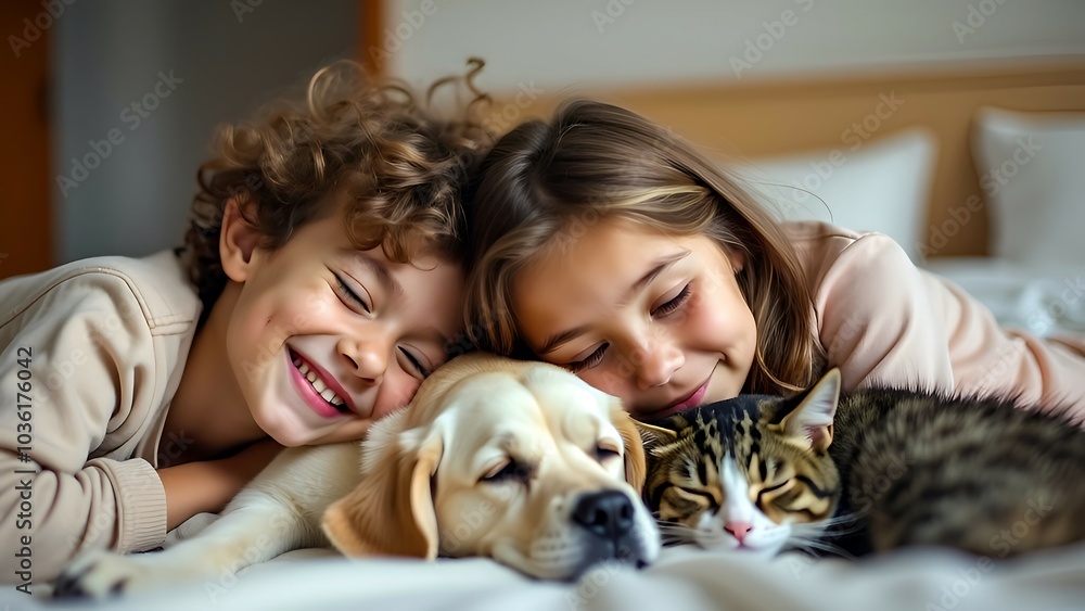 Morning Cuddles A playful morning scene where kids are cuddling with a sleepy dog and cat in bed, with the parents smiling from the doorway. Morning Cuddles A playful morning scene where kids are cuddling with a sleepy dog and cat in bed, with the parents smiling from the doorway.