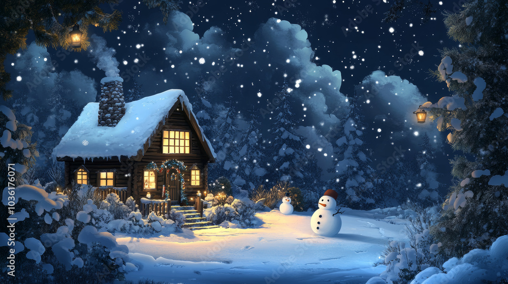 Fototapeta premium This cute design with a cozy cabin, snowmen, and wintery scenes is perfect for making backgrounds and clothes.