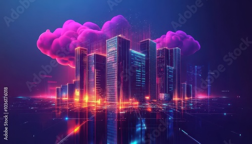 Futuristic city skyline illuminated by neon lights under glowing pink clouds