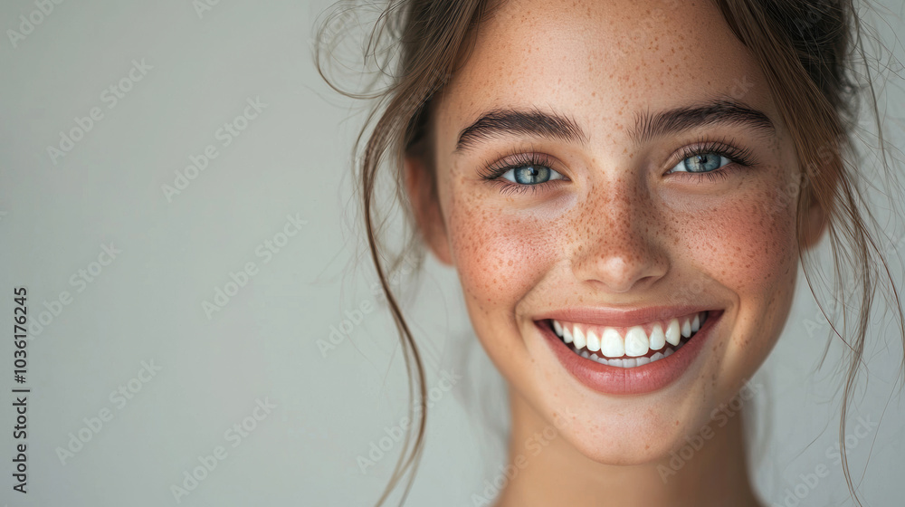Close-up portrait of a young woman with a joyful smile, eyes sparkling with happiness, studio lighting Close-up portrait of a young woman with a joyful smile, eyes sparkling with happiness, studio lighting