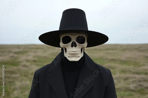 Man in a wide brimmed hat wearing a skull mask standing in a desolate field evoking fear and isolation in a minimalist eerie Halloween setting with subtle light photo