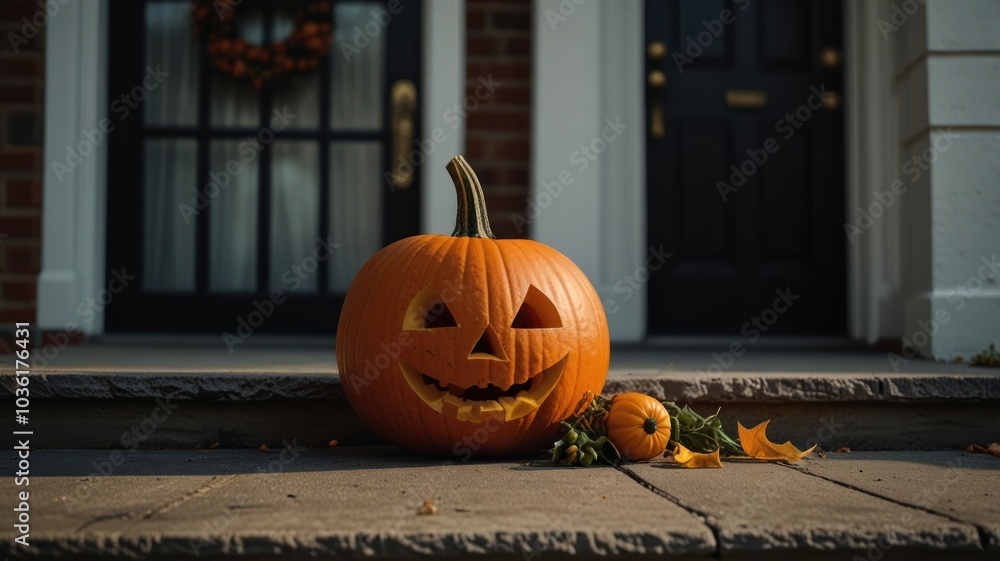 Fototapeta premium A carved pumpkin with a toothy grin sits on the steps of a home, ready for Halloween.
