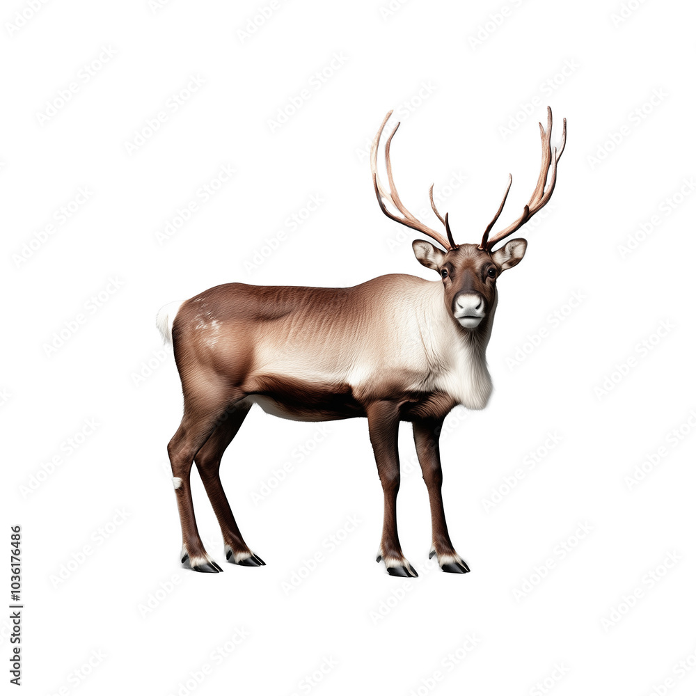 Reindeer standing on a transparent background, showing its antlers and brown fur Reindeer standing on a transparent background, showing its antlers and brown fur