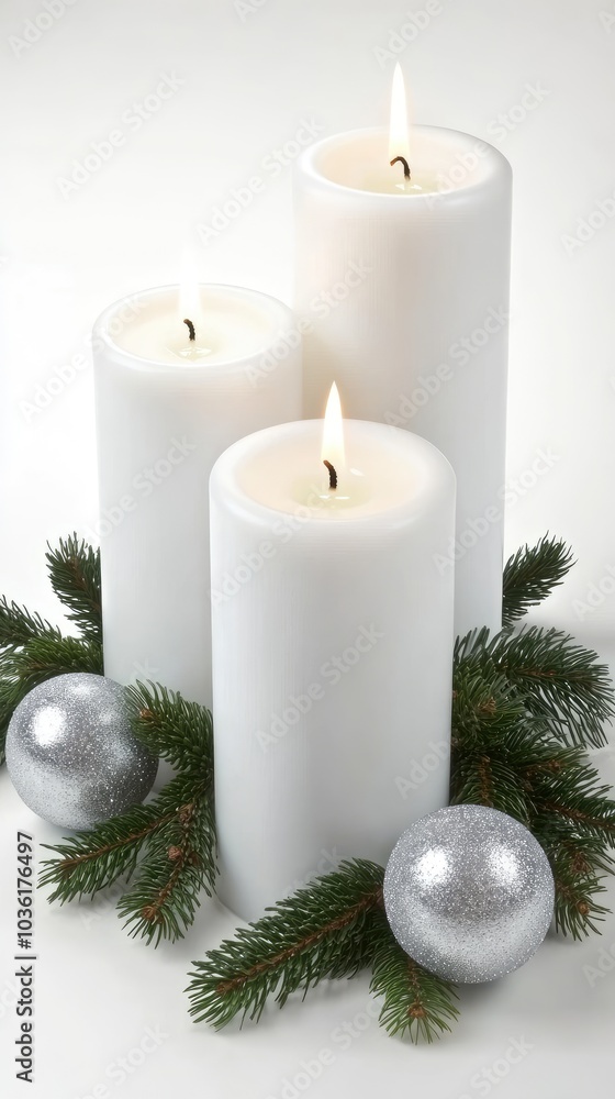 A warm and inviting Christmas table features three white candles surrounded by green pine branches and silver ornaments, perfect for holiday decor A warm and inviting Christmas table features three white candles surrounded by green pine branches and silver ornaments, perfect for holiday decor