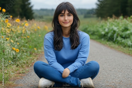 Woman sitting cross legged on a country road surrounded by green fields evoking peacefulness and tranquility in a serene autumn setting with soft natural lighting