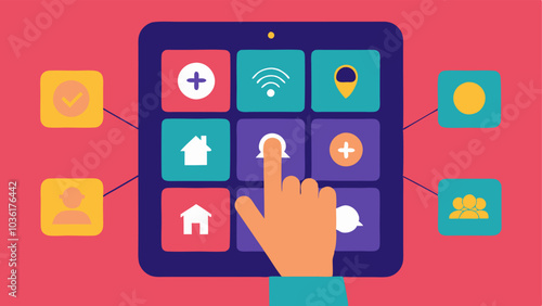 Touchscreen with Large Icons A hand interacting with a touchscreen device that features oversized icons for easy navigation by individuals with visual impairments.
