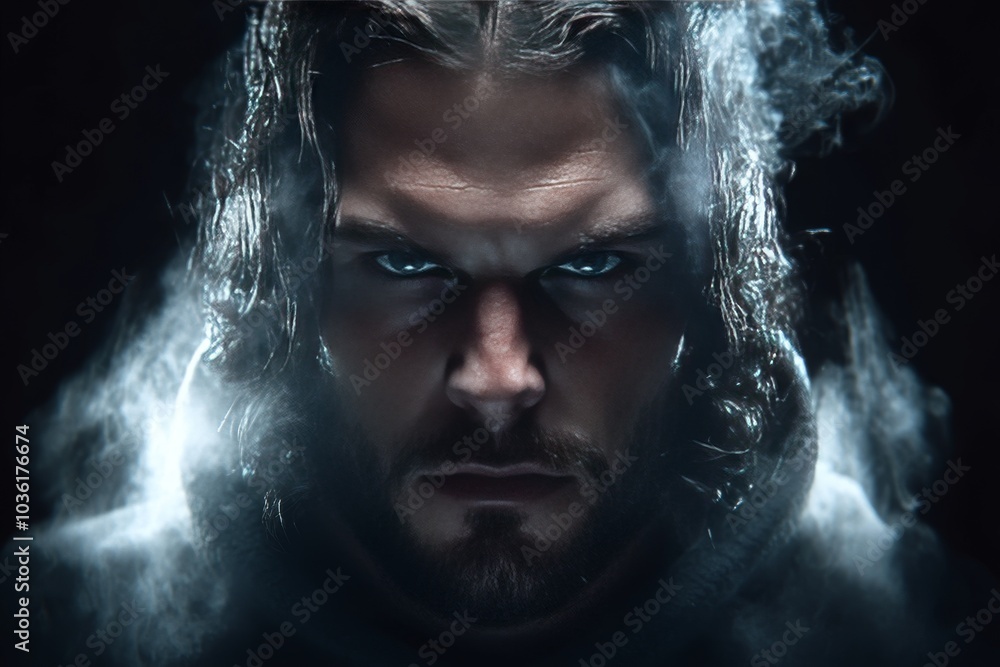 Man standing in a fog filled scene with intense lighting effects and a dark brooding expression evoking mystery and suspense in a dramatic Halloween horror atmosphere Man standing in a fog filled scene with intense lighting effects and a dark brooding expression evoking mystery and suspense in a dramatic Halloween horror atmosphere