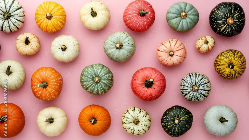 A collection of colorful pumpkins sits on a pink surface, showcasing the beauty of fall A collection of colorful pumpkins sits on a pink surface, showcasing the beauty of fall