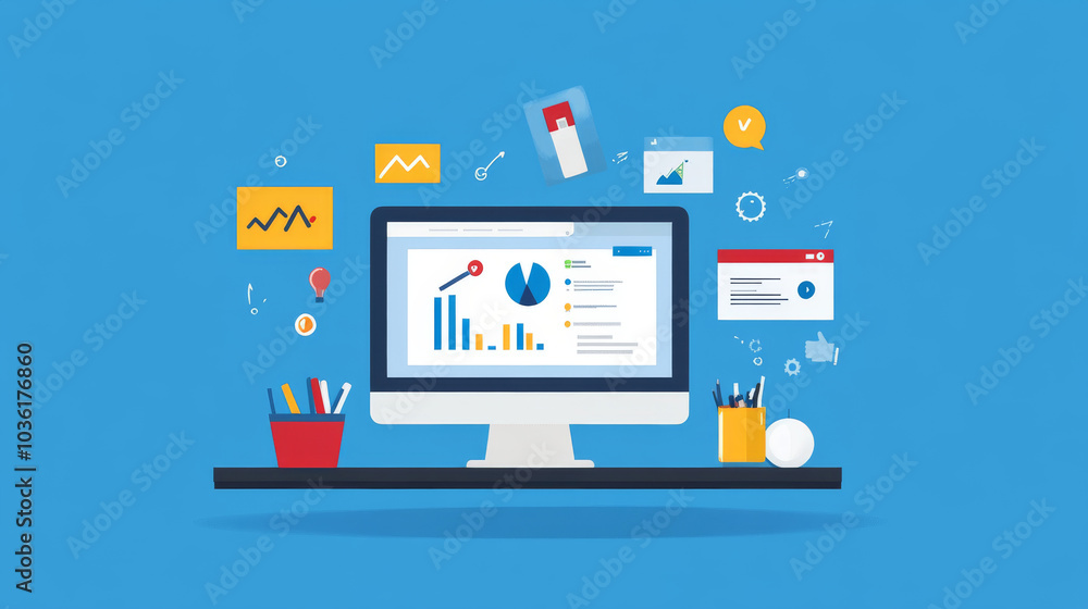 This design uses a simple, flat style to promote marketing automation. It includes digital marketing tools and templates for websites and banners. This design uses a simple, flat style to promote marketing automation. It includes digital marketing tools and templates for websites and banners.