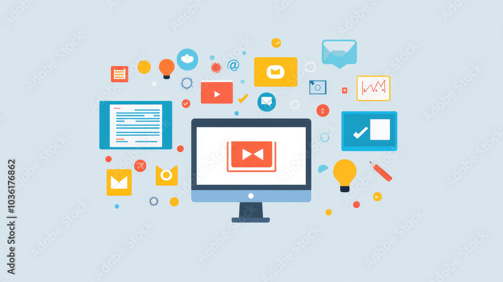 This design uses a simple, flat style to promote marketing automation. It includes digital marketing tools and templates for websites and banners. This design uses a simple, flat style to promote marketing automation. It includes digital marketing tools and templates for websites and banners.