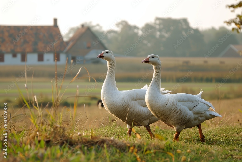 Two domestic geese walking in meadow near farmer's house, village poultry on rural landscape at sunset, concept of development of agriculture and animal husbandry Two domestic geese walking in meadow near farmer's house, village poultry on rural landscape at sunset, concept of development of agriculture and animal husbandry