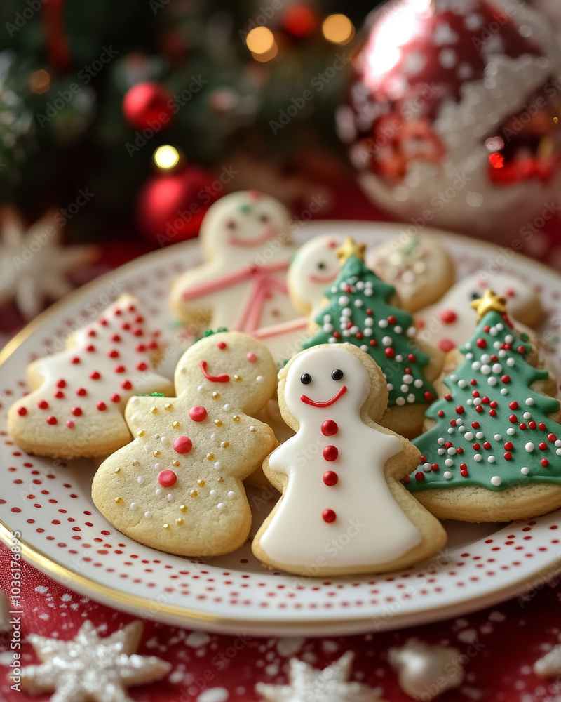 White plate with different homemade Christmas cookies in shape of snowmen and Christmas trees on festive table with New Year decorations, sweet traditional treat for holiday White plate with different homemade Christmas cookies in shape of snowmen and Christmas trees on festive table with New Year decorations, sweet traditional treat for holiday
