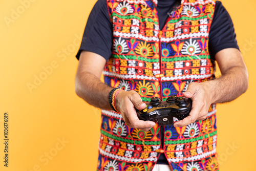 Canvas Print Close up of player pressing triggers on joystick, concentrating on killing foes in videogame