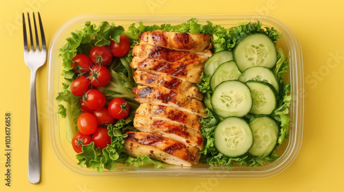 Top view of sliced chicken fillets and cucumber, cherry tomatoes and lettuce in prep container with fork on yellow background, healthy and delicious lunch, dieting food