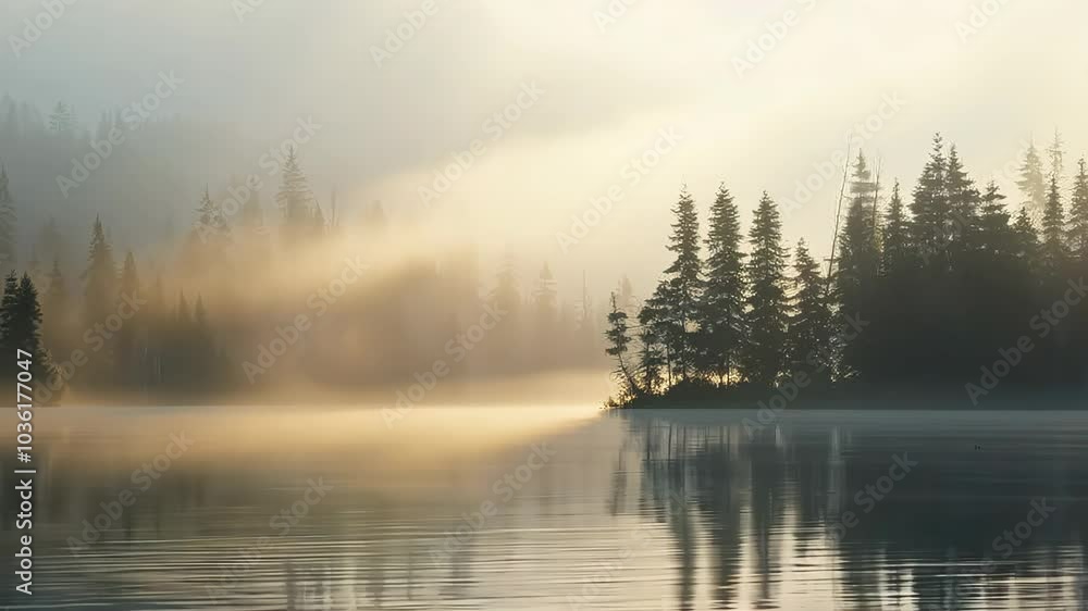 Foggy lake with silhouettes of trees, Video Foggy lake with silhouettes of trees, Video