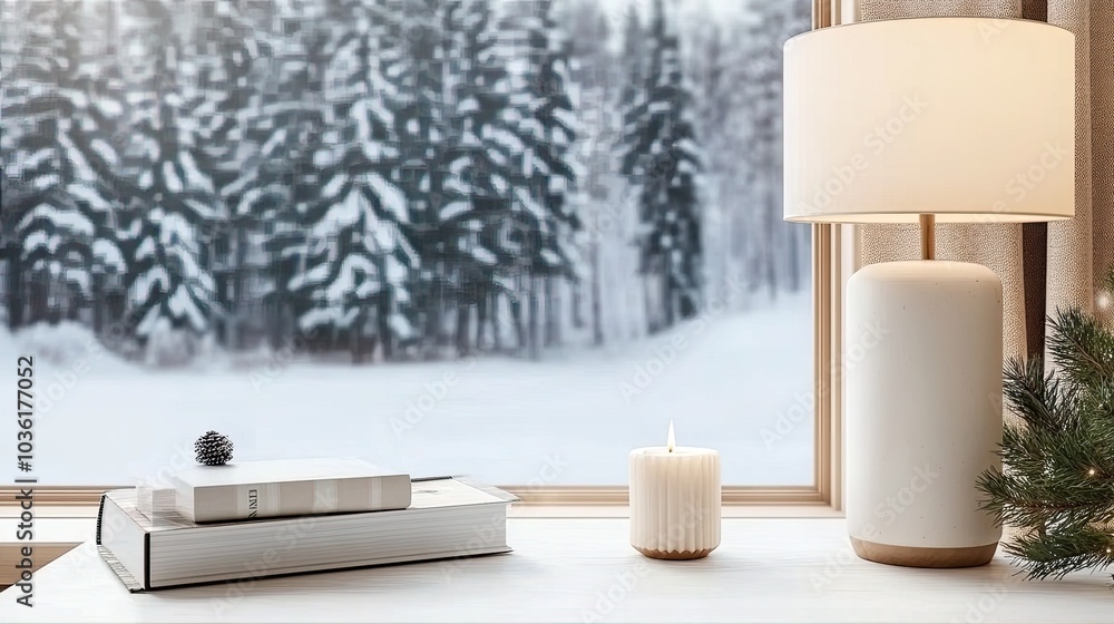 This cozy home office features a white desk, warm candles, and a winter landscape view, creating a serene work environment This cozy home office features a white desk, warm candles, and a winter landscape view, creating a serene work environment