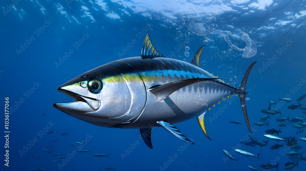 Fototapeta premium Tuna swimming underwater with school of fish
