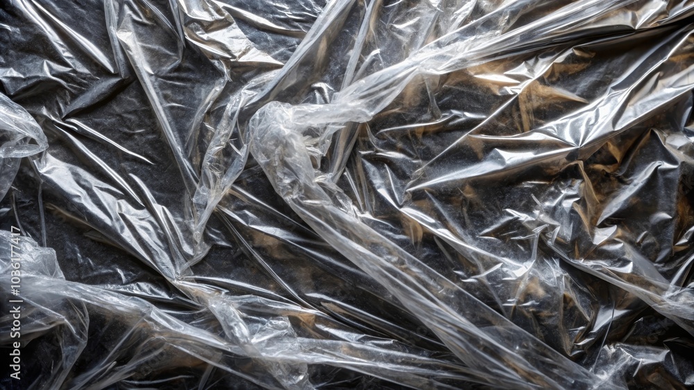 Crumpled transparent plastic wrap reflecting light on a black background Crumpled transparent plastic wrap reflecting light on a black background
