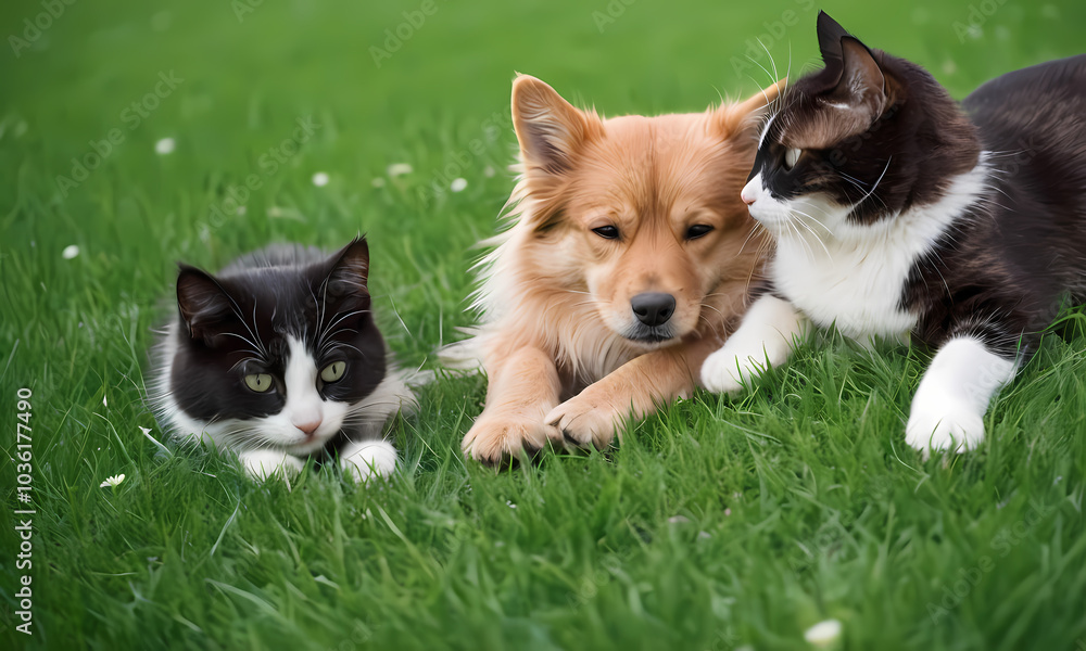 puppy sitting next to couple of cats in black and white Generated AI puppy sitting next to couple of cats in black and white Generated AI
