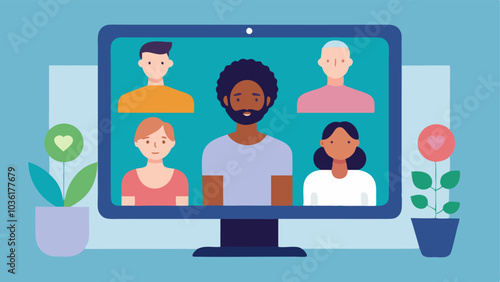 Virtual Wellness Session A vector showing a computer screen with diverse individuals joining an online wellness session from home with captions and interpreting services included.