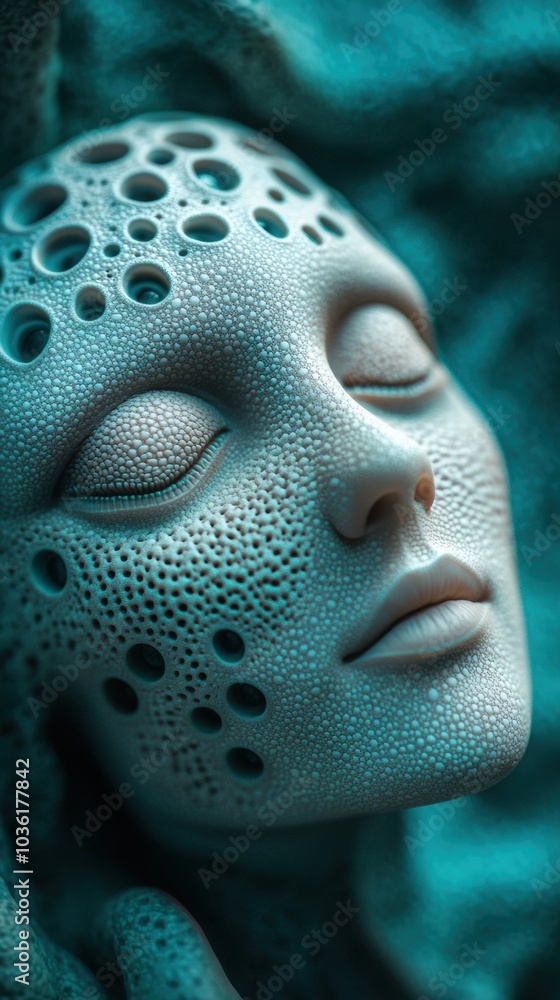 Surreal face sculpture with intricate textures and patterns in turquoise hues, AI Surreal face sculpture with intricate textures and patterns in turquoise hues, AI