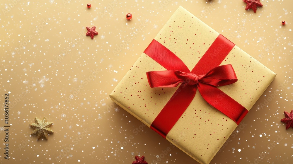 Golden gift box with red ribbon on a snowy background Golden gift box with red ribbon on a snowy background