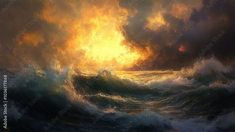 Naklejka premium Dramatic ocean waves under a fiery sunset sky