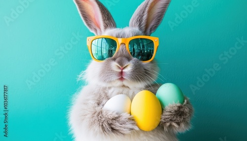 A cheerful rabbit in sunglasses holds colorful Easter eggs on a bright background