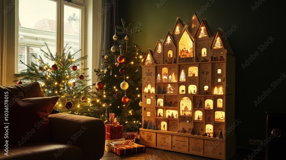 Cozy Christmas interior with decorated tree and wooden advent calendar Cozy Christmas interior with decorated tree and wooden advent calendar