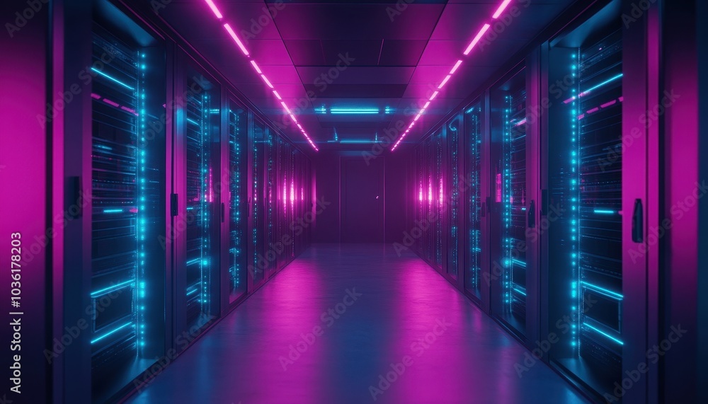 A high-tech server room illuminated by neon blue and pink lights at night A high-tech server room illuminated by neon blue and pink lights at night