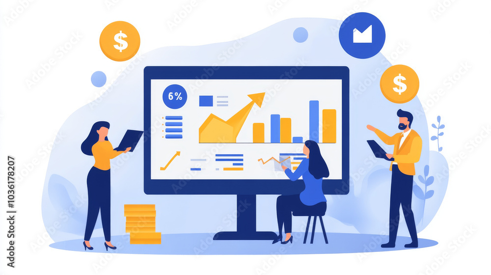 This illustration shows how businesses can make money from advertising. It features people looking at an advertising report and represents the idea of making a profit from marketing campaigns. This illustration shows how businesses can make money from advertising. It features people looking at an advertising report and represents the idea of making a profit from marketing campaigns.