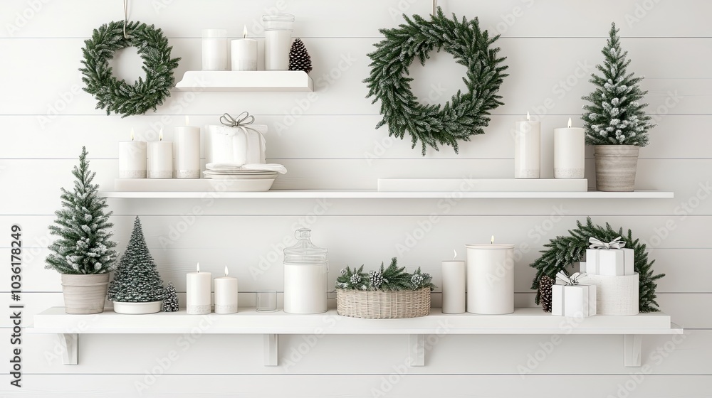 Fototapeta premium A beautifully decorated white wooden wall showcases a festive atmosphere with candles, greenery, and holiday decor, creating a warm ambiance