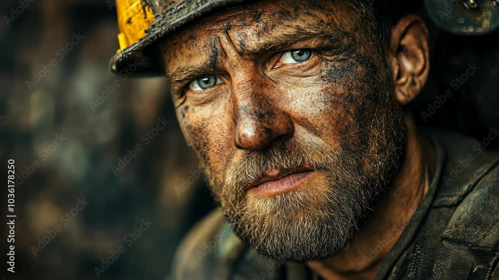 A coal miner with a grimy face stares intently into the camera, his eyes reflecting the harsh realities of his labor A coal miner with a grimy face stares intently into the camera, his eyes reflecting the harsh realities of his labor