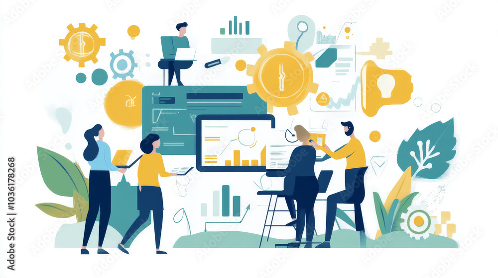 This illustration shows ways to improve work processes, manage teams, and grow businesses. It covers topics like project leadership, using waterfall or agile methods, and tools to boost productivity. This illustration shows ways to improve work processes, manage teams, and grow businesses. It covers topics like project leadership, using waterfall or agile methods, and tools to boost productivity.