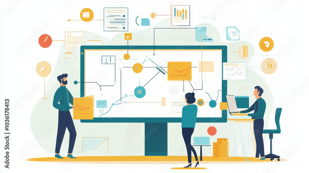 This illustration shows ways to improve work processes, manage teams, and grow businesses. It covers topics like project leadership, using waterfall or agile methods, and tools to boost productivity. This illustration shows ways to improve work processes, manage teams, and grow businesses. It covers topics like project leadership, using waterfall or agile methods, and tools to boost productivity.