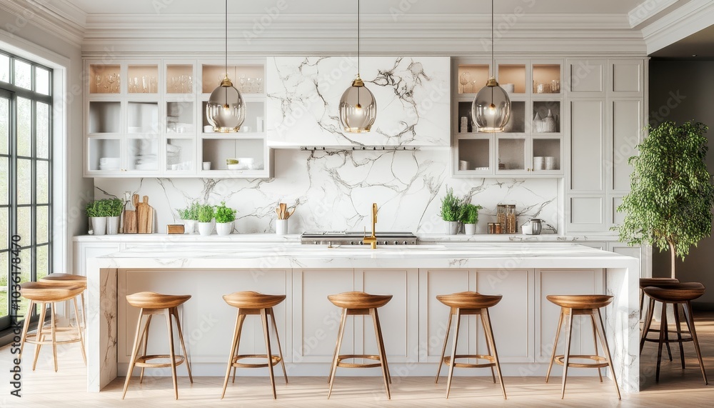 Modern kitchen design with marble countertops and wooden bar stools in daylight Modern kitchen design with marble countertops and wooden bar stools in daylight