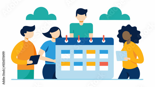 Time Management Students of different abilities working on a shared calendar or planner discussing due dates and study schedules emphasizing organization in teamwork.