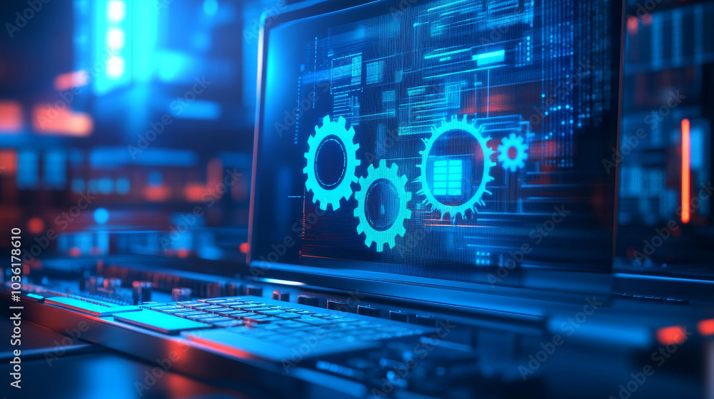 This image shows a computer screen with gears on it. It represents how software can automate tasks in businesses and factories to make things work better. This image shows a computer screen with gears on it. It represents how software can automate tasks in businesses and factories to make things work better.