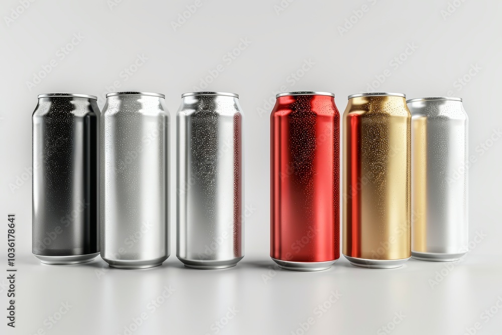 Aluminum slim cans in various colors: silver, white, black, and red, isolated on a white background, 3D illustration for beer can mockup templates Aluminum slim cans in various colors: silver, white, black, and red, isolated on a white background, 3D illustration for beer can mockup templates
