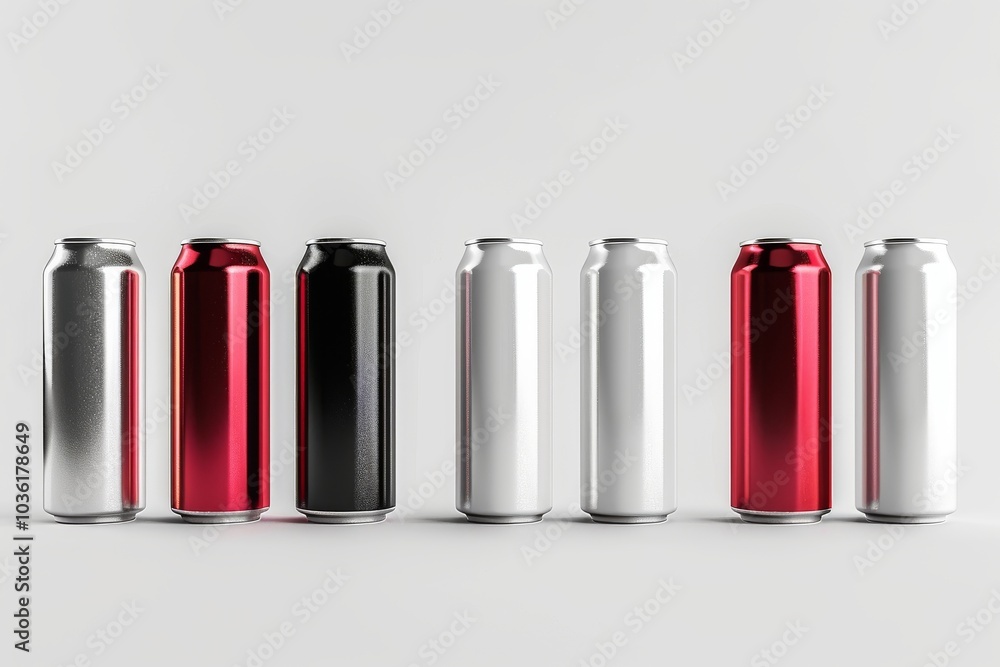 Aluminum slim cans in various colors: silver, white, black, and red, isolated on a white background, 3D illustration for beer can mockup templates Aluminum slim cans in various colors: silver, white, black, and red, isolated on a white background, 3D illustration for beer can mockup templates