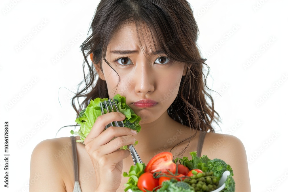 Asian woman on a diet, displeased with vegetables on her fork, white background Asian woman on a diet, displeased with vegetables on her fork, white background