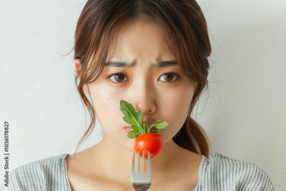 Asian woman on a diet, displeased with vegetables on her fork, white background Asian woman on a diet, displeased with vegetables on her fork, white background