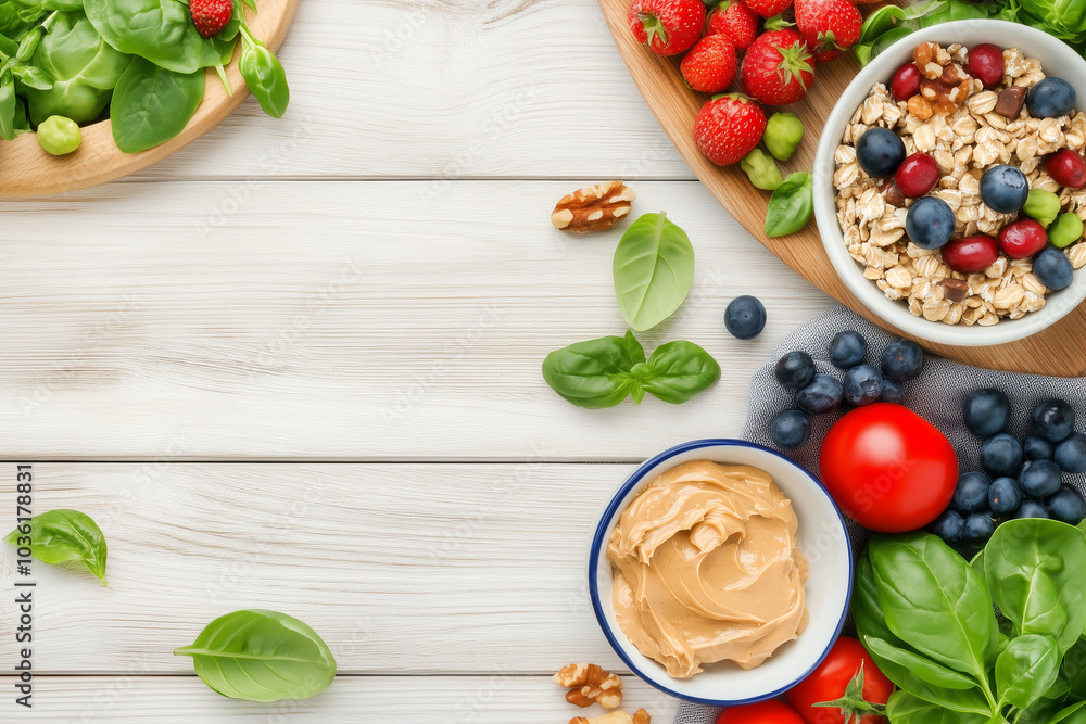 fresh ingredients strawberries, blueberries, and a bowl of granola. small bowl of peanut butter, ripe tomatoes, and basil leaves scattered on a wooden surface, healthy and colorful meal prep scene. fresh ingredients strawberries, blueberries, and a bowl of granola. small bowl of peanut butter, ripe tomatoes, and basil leaves scattered on a wooden surface, healthy and colorful meal prep scene.