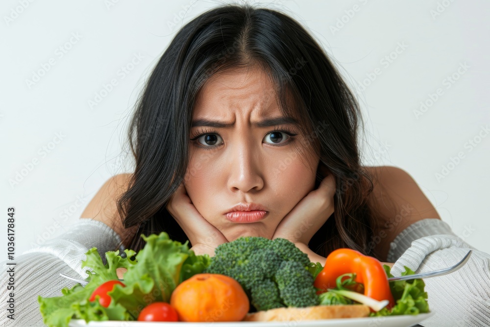 Asian woman on a diet, displeased with vegetables on her fork, white background Asian woman on a diet, displeased with vegetables on her fork, white background