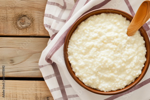 A bowl of porridge on a wooden table, surrounded by a checkered cloth. The porridge is creamy and textured, with a wooden spoon resting in the bowl