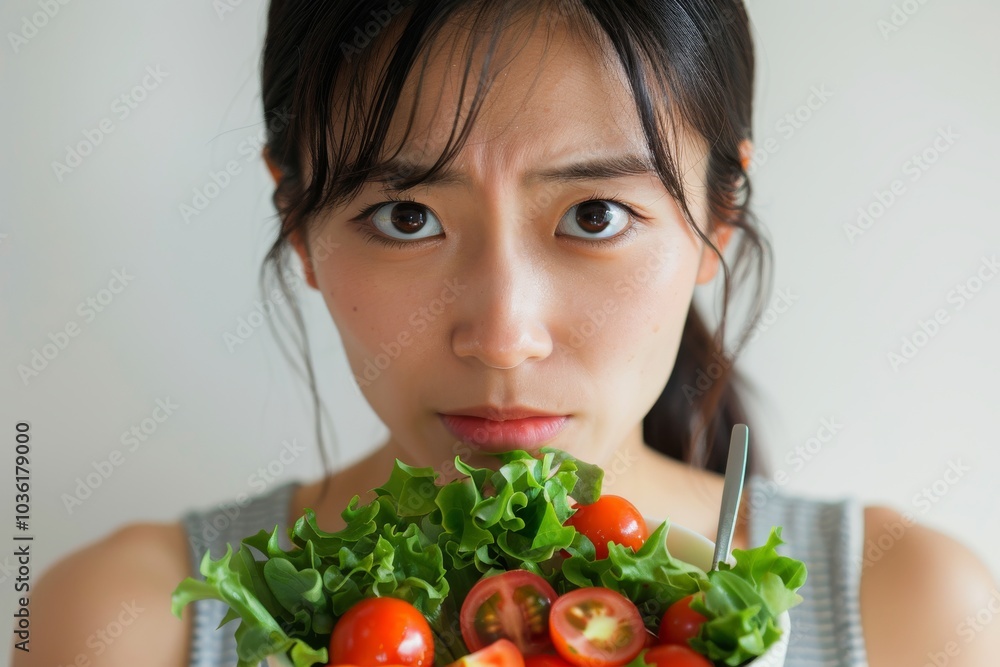 Asian woman on a diet, displeased with vegetables on her fork, white background Asian woman on a diet, displeased with vegetables on her fork, white background