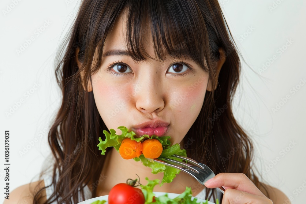 Asian woman on a diet, displeased with vegetables on her fork, white background Asian woman on a diet, displeased with vegetables on her fork, white background